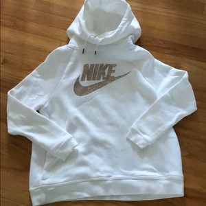White nike cowl-neck hoodie with metallic logo